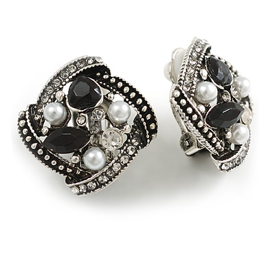 Marcasite Square Black/Clear Crystal White Faux Peal Clip On Earrings In Antique Silver Tone - 20mm Tall - main view