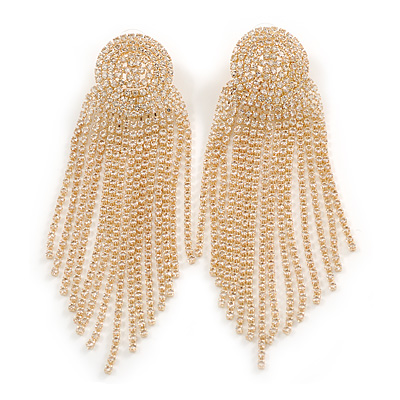 Magnificent Clear Crystal Disk with Fringe Dangle Long Earrings in Gold Tone - 11cm L - main view