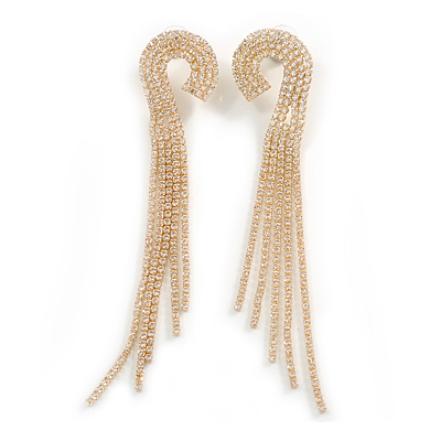 Opulent Style Crystal Fringe Hook Long Earrings in Gold Tone - 12cm L