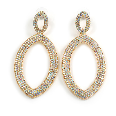 Statement Oval AB Crystal Drop Earrings in Gold Tone - 80mm Long - main view