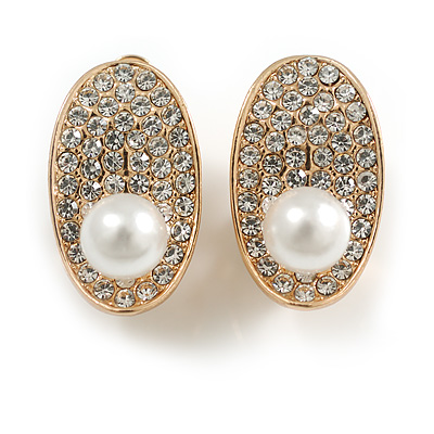 Clear Crystal Faux Pearl Oval Clip On Earrings in Gold Tone - 20mm Tall