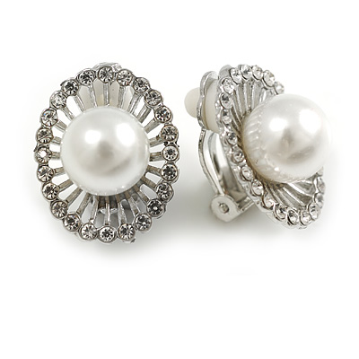 Oval Crystal Faux Pearl Bead Clip On Earrings in Silver Tone - 20mm Tall - main view