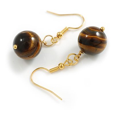 12mm Round Tiger Eye Stone Drop Earrings in Gold Tone - 40mm L