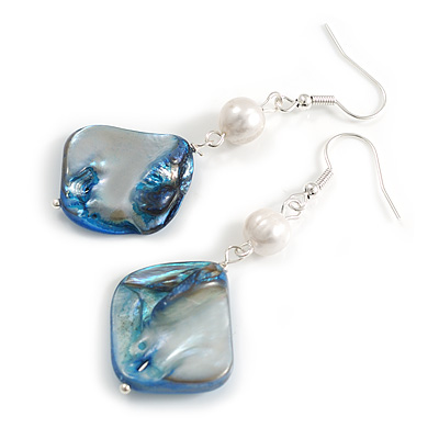 Blue Shell/ White Freshwater Pearl Bead Drop Earrings/55mm Long/Slight Variation In Size/Natural Irregularities - main view