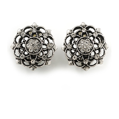 Clear Crystal Spider Web Clip On Earrings in Aged Silver Tone - 20mm D - main view