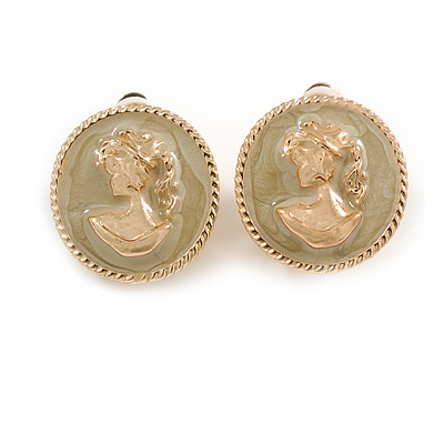 Round Cream/Beige Enamel Cameo Motif Clip On Earrings in Gold Tone - 20mm D - main view