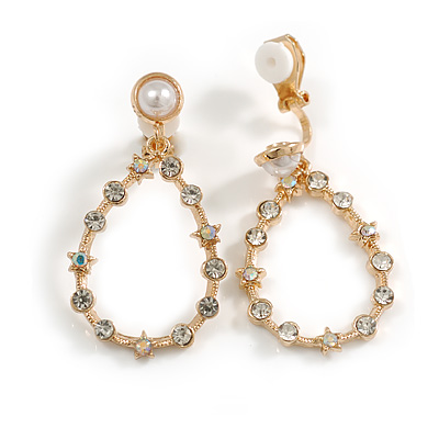 Clear/AB Crystal Faux Pearl Teardrop Clip On Earrings in Gold Tone - 40mm Long - main view