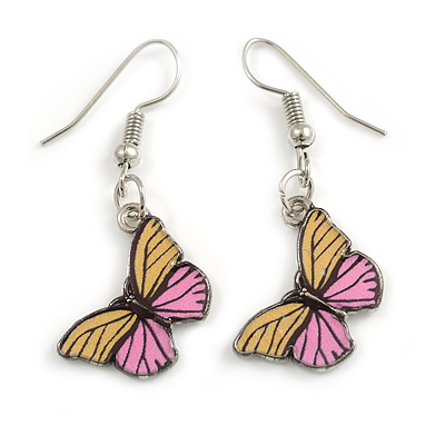 Yellow/Pink Butterfly Drop Earrings in Silver Tone - 40mm Drop - main view