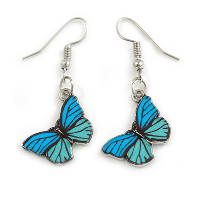 Aqua/Sky Blue Butterfly Drop Earrings in Silver Tone - 40mm Drop - main view