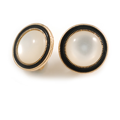Round Button Shaped Black Enamel with Acrylic Bead Clip On Earrings in Gold Tone - 20mm Diameter