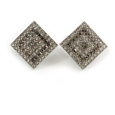 Square Clear/Dark Grey Crystal Clip On Earrings in Silver Tone - 18mm Tall - main view