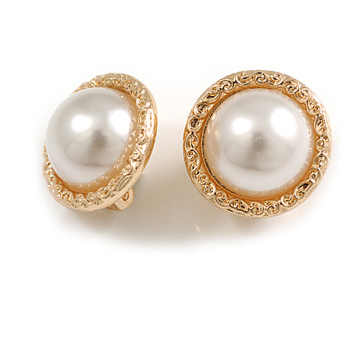 20mm D/ Button Shaped Faux Pearl Clip On Earrings in Gold Tone - main view