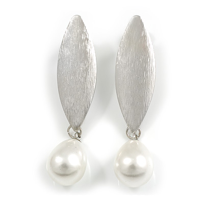 Modern Leaf with Dangle Simulated Pearl Bead Earrings in Silver Tone - 60mm L