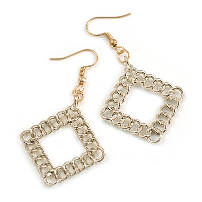 Gold Tone Round Link Square Drop Earrings - 55mm Long