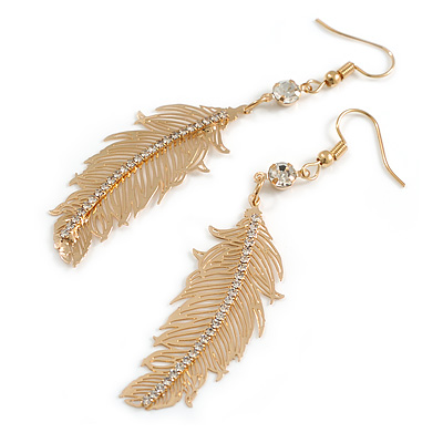 Delicate Crystal Feather Drop Earrings - 75mm Long - main view