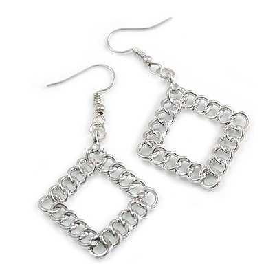 Silver Tone Round Link Square Drop Earrings - 55mm Long