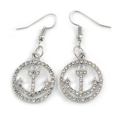 Clear Crystal Anchor Drop Earrings in Silver Tone - 45mm Long - main view