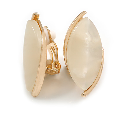 30mm Tall/ Natural Acrylic Bead Oval Clip On Earrings in Gold Tone