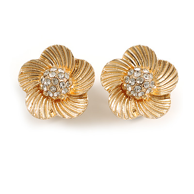 20mm D/Five Petal Crystal Flower Clip On Earrings in Gold Tone - main view