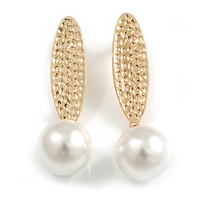 Modern Hammered Leaf with Dangle Simulated Pearl Bead Earrings in Gold Tone - 60mm L