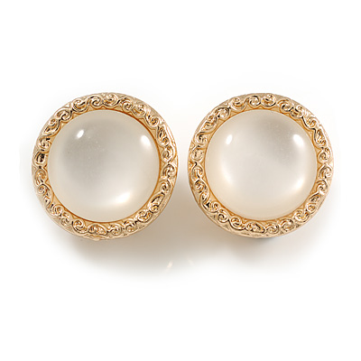 20mm D/ Button Shaped Milky White Resin Bead Clip On Earrings in Gold Tone - main view