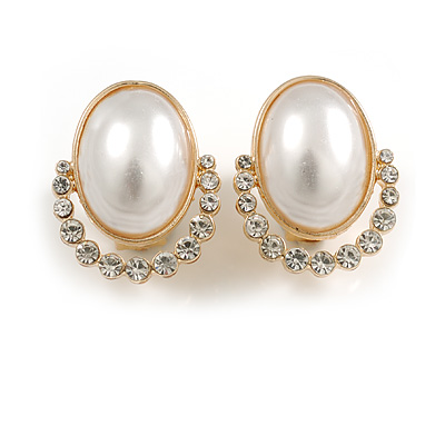 Oval Faux Pearl Crystal Clip-On Earring in Gold Tone - 25mm Tall - main view