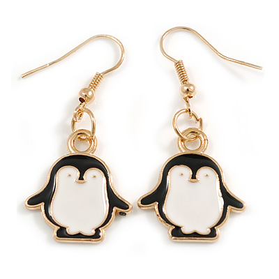 Black/White Enamel Penguin Drop Earrings in Gold Tone - 40mm Long - main view