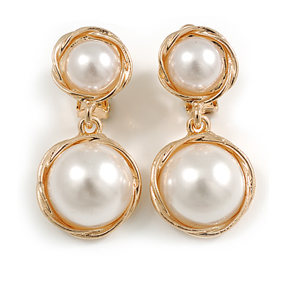 White Faux Pearl Dome Shaped Double Bead Clip On Earrings in Gold Tone - 40mm Long - main view