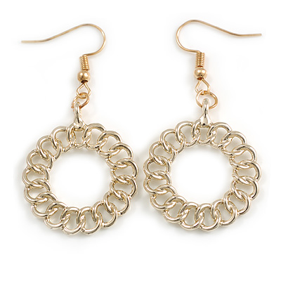 Gold Tone Round Link Circle Drop Earrings - 50mm Long