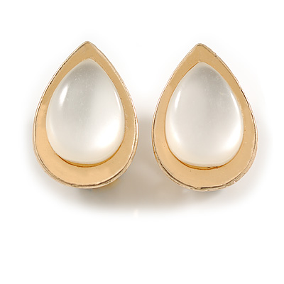 Faux Cat Eye Stone Teardrop Shape Clip On Earrings in Gold Tone - 20mm Tall - main view