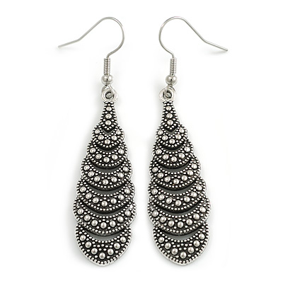 Marcasite Style Teardrop Etched Earrings in Aged Silver Tone - 60mm Long