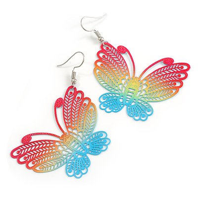 Lightweight Multicoloured Butterfly Drop Earrings - 65mm Long - main view