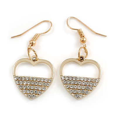 Clear Crystal Open Heart Drop Earrings in Gold Tone - 40mm Long - main view