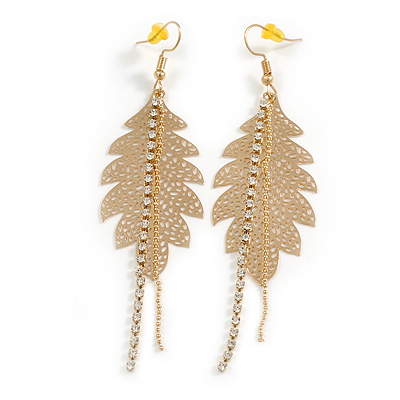 Gold Tone Leaf with Crystal Chain Drop Earrings - 70mm Long