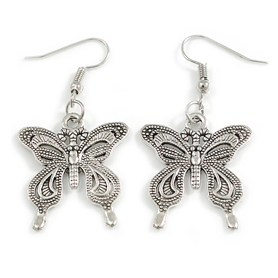 Textured Butterfly Drop Earrings in Silver Tone - 45mm Long - main view