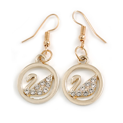 Crystal Swan Round Drop Earrings in Gold Tone - 45mm Long - main view