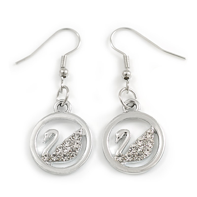 Crystal Swan Round Drop Earrings in Silver Tone - 45mm Long - main view