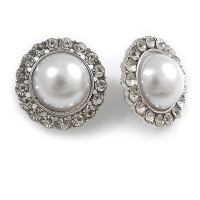 25mm D/ Round Faux Pearl Clear Crystal Clip on Earrings in Silver Tone - main view