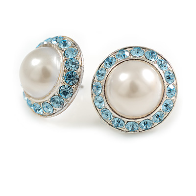 White Faux Pearl Light Blue Crystal Button Shape Stud Earrings in Silver Tone - 18mm D - main view