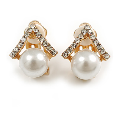 Delicate Crystal Faux Pearl Clip On Earrings in Gold Tone - 15mm Tall - main view