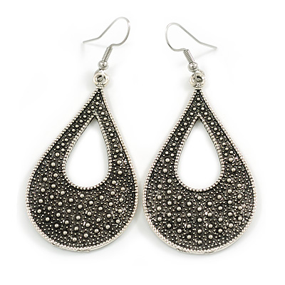 Marcasite Style Loop Etched Earrings in Aged Silver Tone - 65mm Long - main view