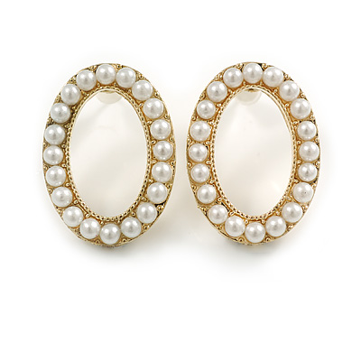 O Shape Faux Pearl Stud Earrings in Gold Tone - 25mm Tall - main view