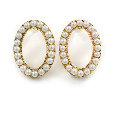 O Shape Faux Pearl Stud Earrings in Gold Tone - 25mm Tall