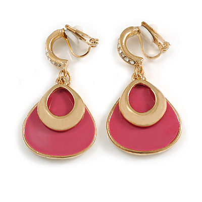 Pink Enamel Teardrop Clip On Earrings with Crystal Accented In Gold Tone - 45mm Tall - main view