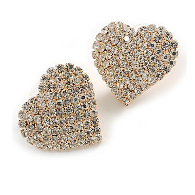 Romantic Pave Set Clear Crystal Heart Stud Earrings in Gold Tone - 25mm Tall - main view