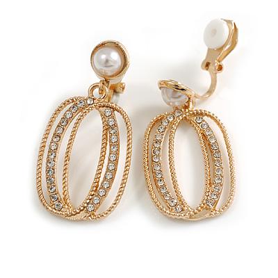 O-Shape Crystal Pearl Bead Drop Clip On Earrings in Gold Tone - 35mm L - main view