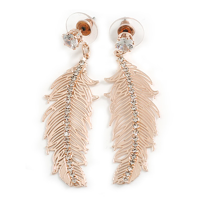 Clear Crystal Lightweight Feather Drop Earrings in Rose Gold Tone - 50mm L
