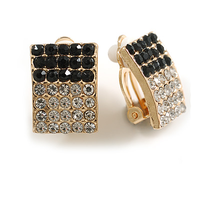 Black/Clear Crystal Square Clip On Earrings in Gold Tone - 17mm Tall - main view