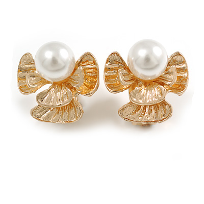 White Faux Pearl Layered Bow Clip On Earrings in Gold Tone - 20mm Tall