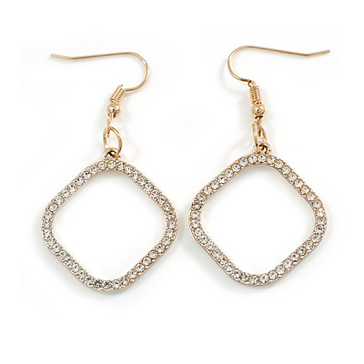 Clear Crystal Open Square Drop Earrings in Gold Tone - 50mm Long - main view